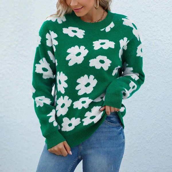 Suéteres para mujer Mujeres cuello redondo jersey flor jacquard tejido suéter dulce 2023 otoño gancho borla punto top suelto delgado elegante