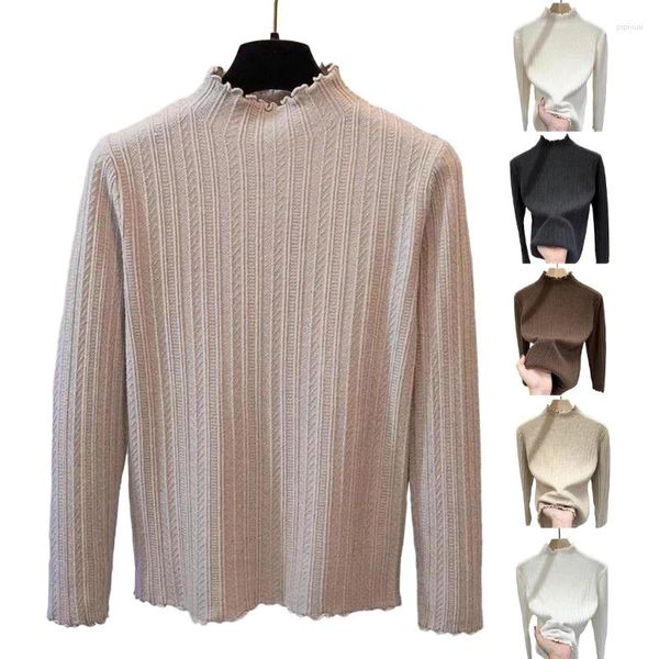 Suéteres de mujer Mujeres Ruffle Trim Medio Cuello Alto Suéter Otoño Invierno Color Sólido Manga Larga Punto Slim Fit Jersey Top Base Casual