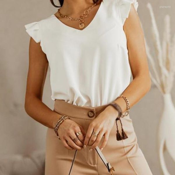 Suéteres para mujer Mujeres con volantes Blusa con cuello en V Mangas cortas Empalme blanco Oficina sólida Tops para damas 2023 Botón trasero de verano Blusas casuales