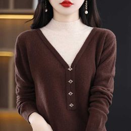 Suéteres para mujer Suéter de cachemira pura 100 para mujer 23 estilos Bloque de color Medio cuello alto Jersey de punto de lana holgado Camisa base de punto zln231111
