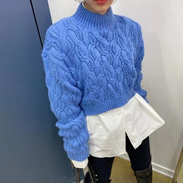 Pulls pour femmes femmes 2022 automne recadrée pull à col roulé pull femmes à manches longues lâche coréen tricoté hauts femme blanc bleu