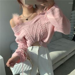 Pulls pour femmes Femmes 2022 Pull en tricot doux Sexy Hors épaule Strap Lace Up Jumper Tempérament Élégant Candy Couleur Lanterne Manches