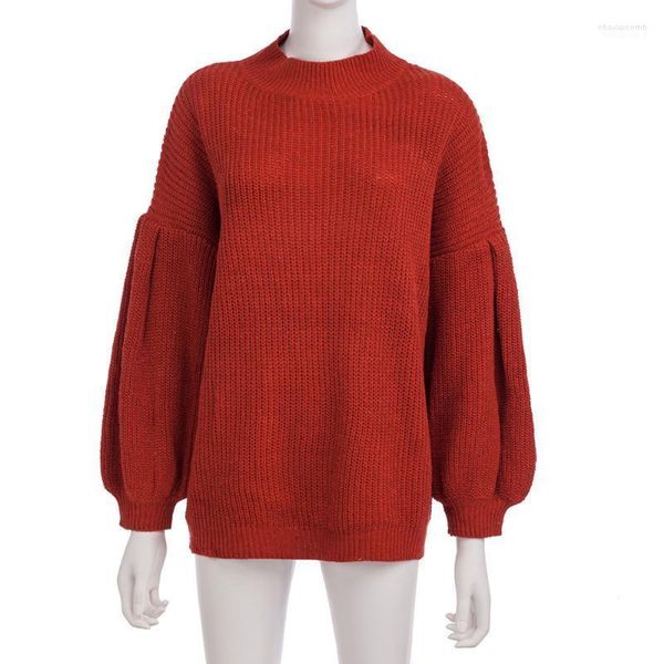 Suéteres de mujer Otoño Invierno mujer tejido rojo verde blanco manga larga linterna cuello redondo tejido suelto pulóver Tops prendas de vestir