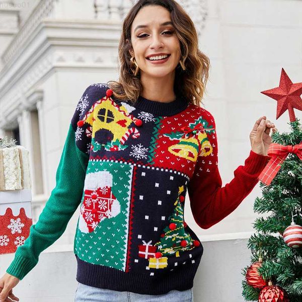 Chandails pour femmes Chemise tricotée de Noël pour femme Automne Hiver à manches longues O Neck Snow Flake Tree Bells Pull de Noël L230718