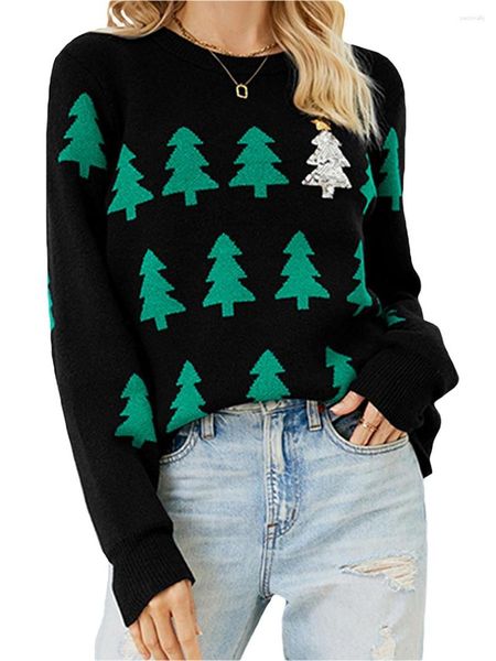 Suéteres de mujer Suéter con estampado de copos de nieve de Navidad para mujer Suéteres de manga larga de punto acogedor Otoño Invierno Suéteres de cuello redondo Casual