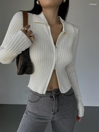 Suéteres para mujer Doble WOMENGAGA Blanco Cremallera de gama alta Diseño de nicho Cárdigan de punto Primavera Slim Suéter de manga larga Tops