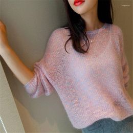 Pulls pour femmes Femmes Automne Mode Casual Paresseux Simple Mignon Jumpers Rose Mohair Pull Sexy Pull O-Cou Creux Coréen Long