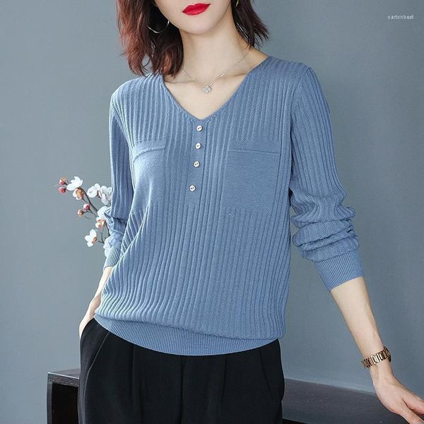 Pulls pour femmes Style coréen col en V court hauts en tricot femmes décontracté ample grande taille pull élégant couleur unie tricots bleu