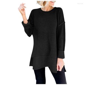 Suéteres de mujer cuello redondo negro suéter largo manga abertura lateral suelto Casual Otoño Invierno jersey de punto Jumper túnica Tops Pull