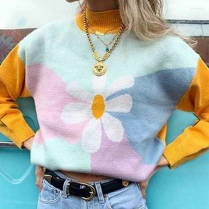 Pulls pour femmes Patchwork pour femmes Pull Pull à fleurs douces Pull à col roulé mignon Femmes Pull tricoté à manches longues Hauts d'automne