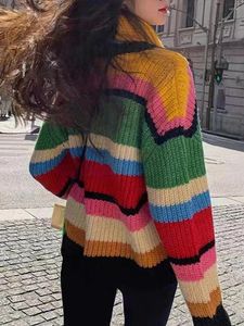 Suéteres para mujer Mujeres S Primavera Otoño Suéter de punto Manga larga Prendas de punto a rayas coloridas con bufanda