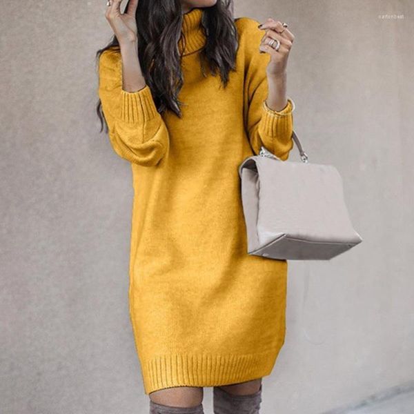 Pulls pour femmes col roulé à manches longues robe pull femmes automne hiver solide jaune ample tunique pulls robes tricotées