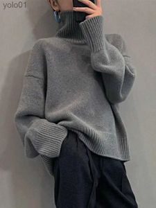 Suéteres femininos femininos suéter de gola alta outono inverno moda coreana solto preto longo sle top cor sólida simples casual mulheres puloversl231122