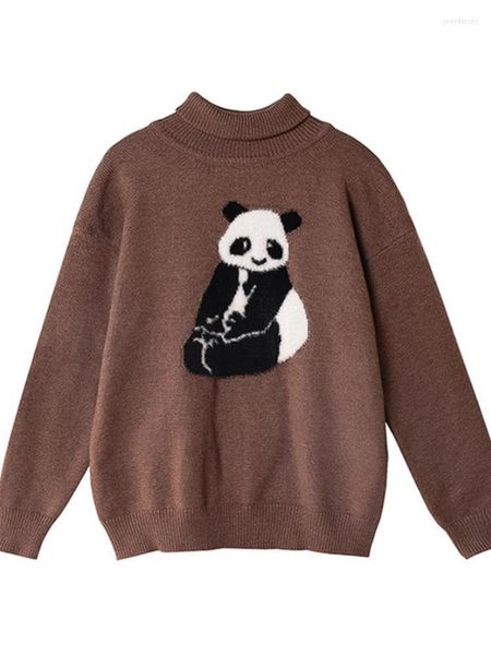 Pulls pour femmes femmes Turtlenek pour femmes dames dessin animé Panda broderie mignon pull tricoté 2022 hiver Teenagr fille à manches longues