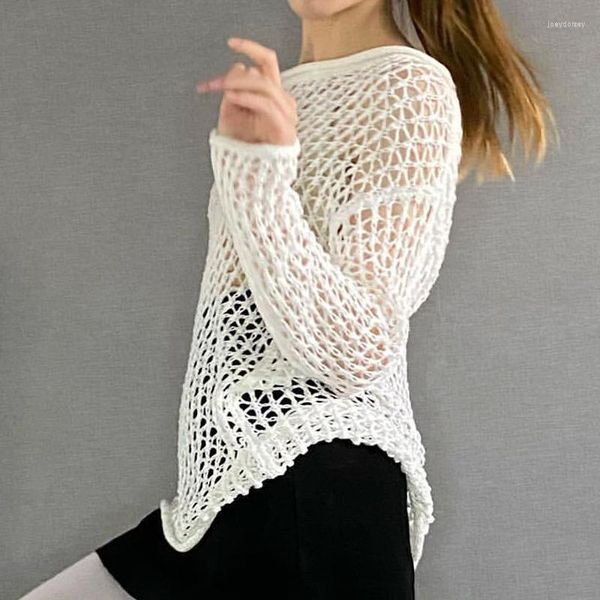 Suéteres de mujer Vintage Crochet Hollow Out Cover-Ups Tees Fairycore White Knitted Pullovers Top Chic Women Retro See Through