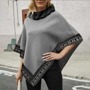 Dames truien dames vintage patroon patchwork cape jas pluche turtleneck batwing mouw onregelmatige zoom warme mantel gekweek