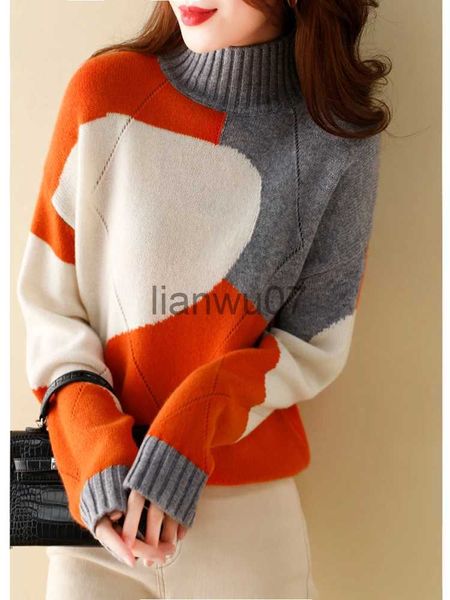 Suéteres para mujer Blusa de invierno para mujer 2023 Nuevo Casual Manga larga Prendas de punto Moda coreana Color Block Jerseys Suelto Rosca Tortuga J231110