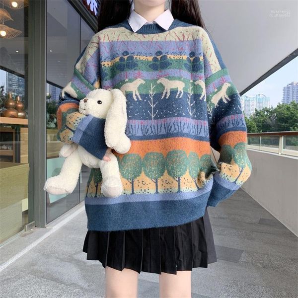 Suéteres para mujer Estilo preppy de invierno japonés Mori Girl JK Jersey Kawaii O-cuello Retro Patrón de moda Manga completa Casual