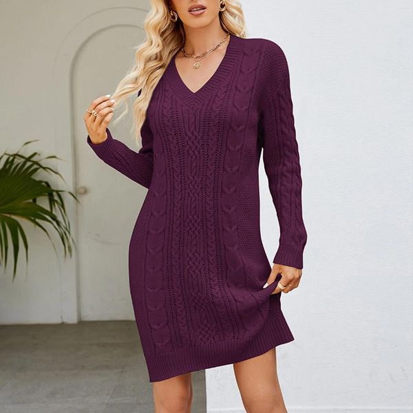 Pulls pour femmes Femmes Robe tunique courte à manches longues Dames Basic Crochet Pulls Sexy Col V Couleur Solide Coupe ample Tenue de vacances