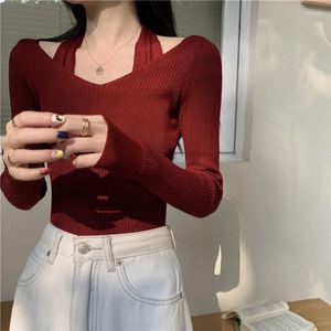 Suéteres para mujer Mujeres Hombro Recortado Jersey Camiseta Sexy Acanalado O-cuello Punto Manga larga Cultivos Tops Moda coreana Camisetas Blusa flaca