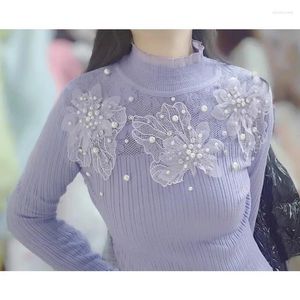 Suéteres femininos Mulheres Cor Sólida Indústria Pesada Frisada Lantejoulas Lace Flores Roxo Fada Crochet Ruffle Knit Sweater Feminino Roupas