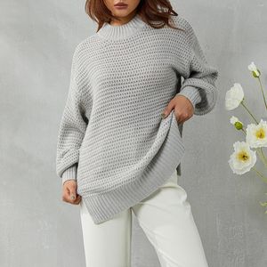 Pulls pour femmes Femmes Solide Couleur Col Haut Crochet Pull Automne Hiver Casual Lâche Sweaterwith Slit Design S/M/L/XL/XXL/XXXL