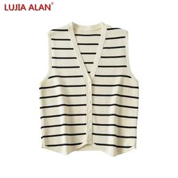 Suéteres para mujer Mujeres a rayas suéter de punto chaleco femenino con cuello en v jersey de un solo pecho casual slim fit tank tops lujia alan sw2266 231117