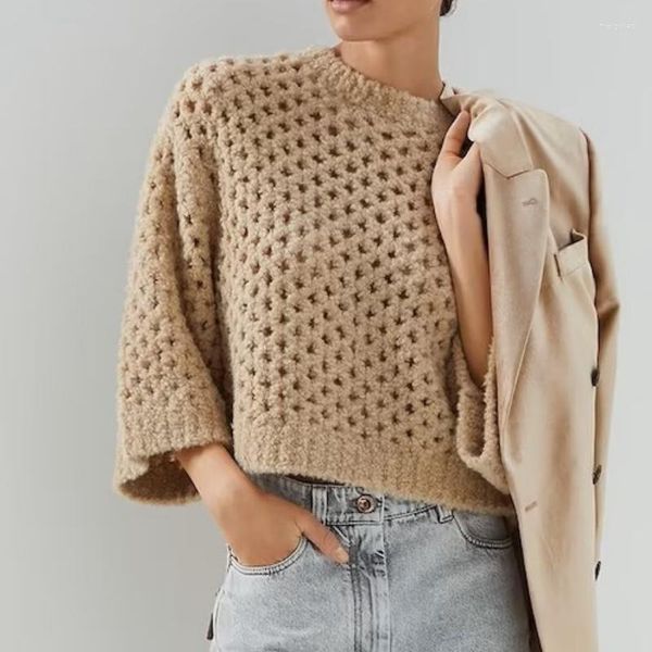 Pulls pour femmes Femmes Pull 2023 Automne et hiver Creux Rhombic Crochet Tricoté Pull à manches trois-quarts