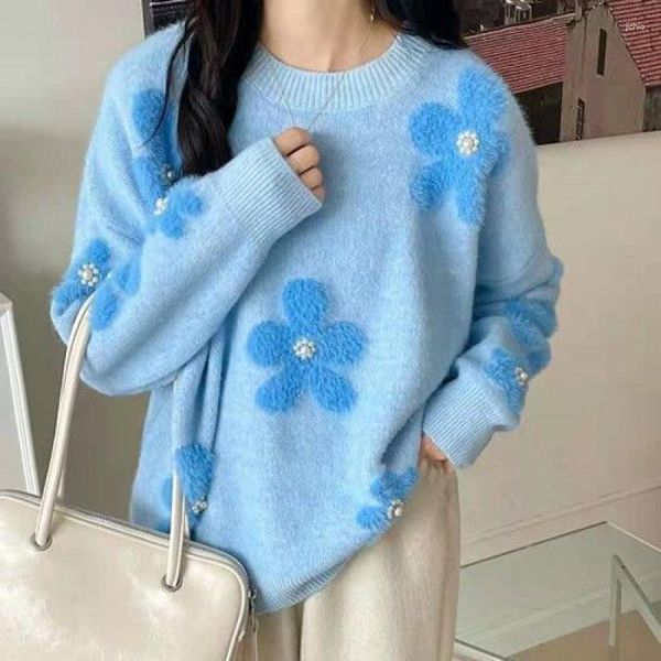 Suéteres para mujer Suéter de mujer Jerseys de manga larga de gran tamaño Chic con cuentas Diseño de flores Jerseys de punto Prendas de punto rosa Ropa de calle coreana