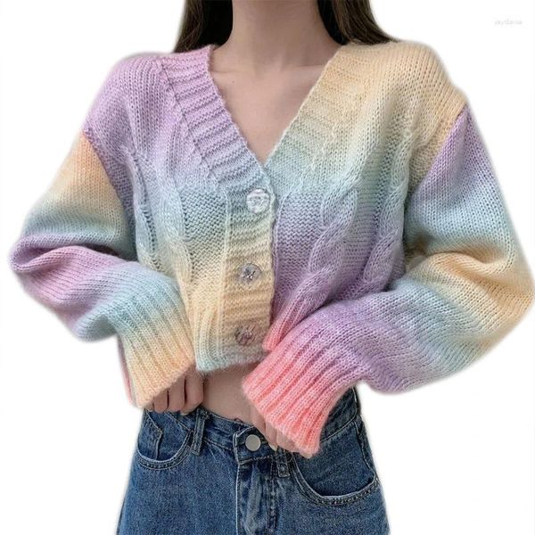 Pulls pour femmes Femmes Sweet Tie-Dye Cardigan tricoté à manches longues boutonné ouvert avant pull court nombril hauts manteau pour veste d'extérieur