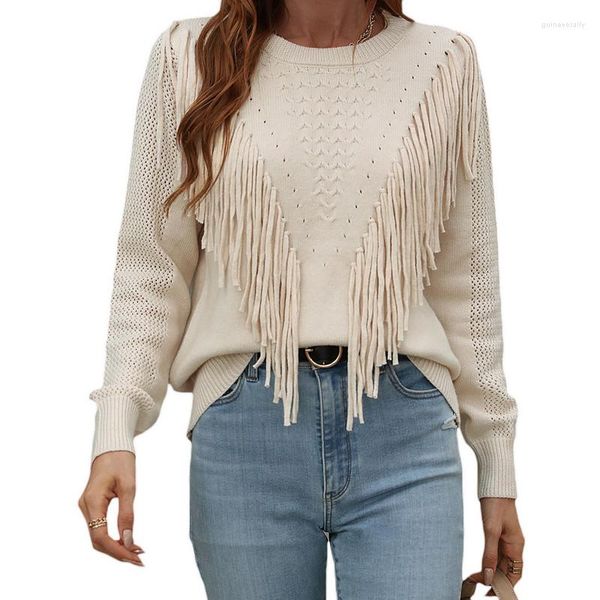 Pulls pour femmes Femmes Glands Automne 2023 Couleur Solide Tricots À Manches Longues Col Rond Fringe Décoration Trou Découpe Pull Lâche Tops