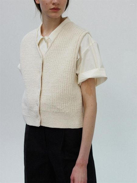 Suéteres de mujer Mujeres roscadas con cuello en V Chaleco de punto Suéter 2023 Primavera Otoño Damas Sin mangas Solo Pecho Color Sólido Simple Cardigan