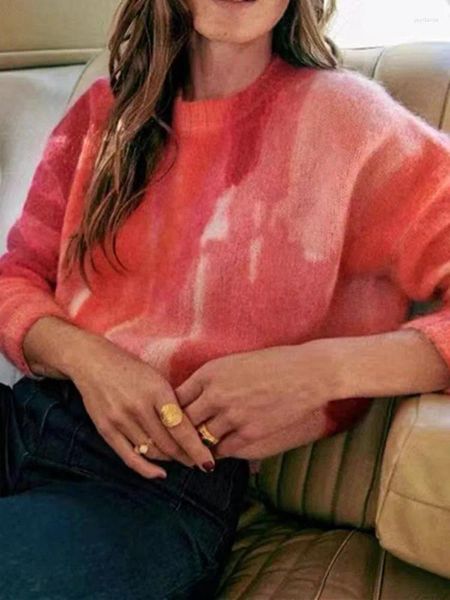 Suéteres de mujer suéter de mezcla de lana teñida con corbata otoño 2023 prendas de punto con cuello redondo para mujer Tops de punto sueltos suaves Jersey Top