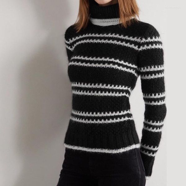Suéteres para mujer Mujeres Turtleneck Black White Stripe Casual Soft Lana Punto Slim Basic Jerseys Suéter 2023 Otoño Invierno Cálido