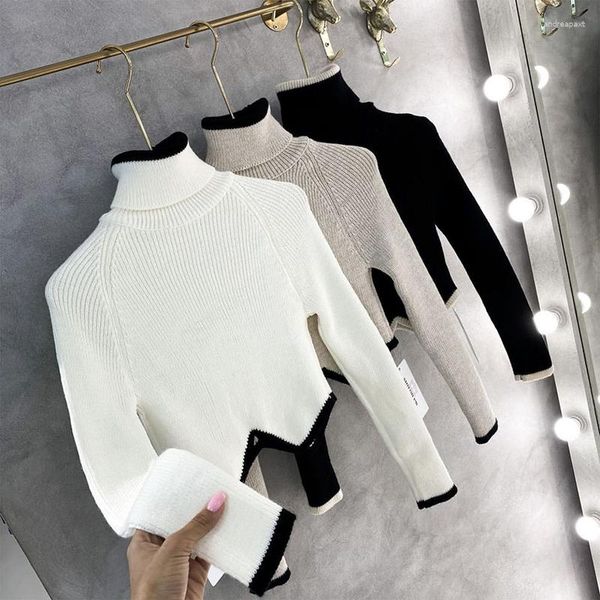 Suéteres para mujer Mujeres de cuello alto Suéter de cultivo Sexy Dobladillo irregular Slim Manga larga Jerseys de punto Otoño Invierno Casual Jumper Knitwears