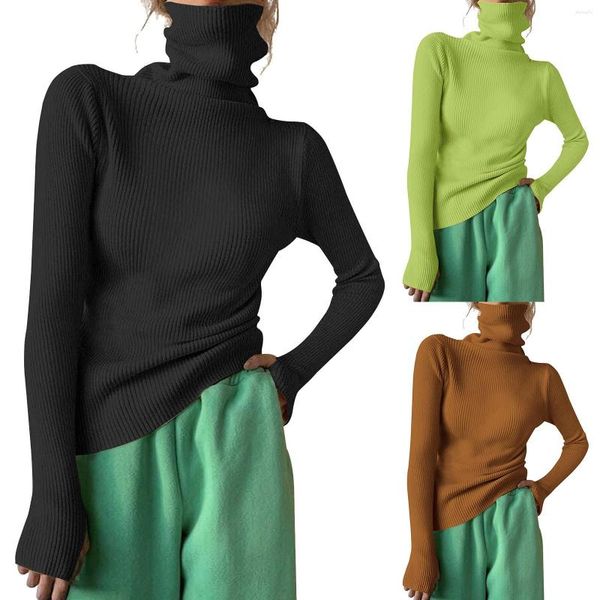 Suéteres para mujer Mujeres Cuello alto Suéter de punto acanalado Top Color sólido Negro Slim Jumper Otoño Invierno Moda Todo Partido Bottonming Tops