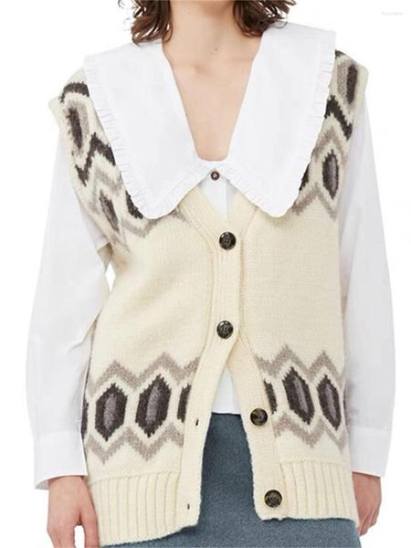 Suéteres para mujer Mujeres con cuello en V Punto de lana Top Geométrico Jacquard Otoño 2023 Señoras Single Breasted Preppy Estilo Chaleco sin mangas