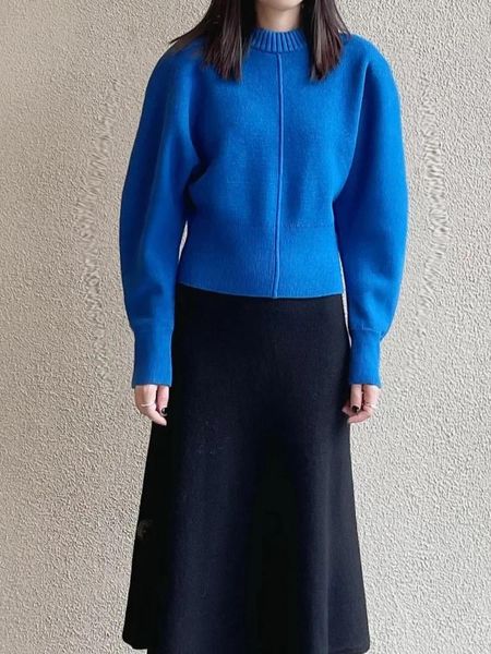 Pulls pour femmes Femmes taille bleu pull puissance-épaule tricot pulls épaule rembourré motif côtelé hauts 2023 vêtements automne / hiver