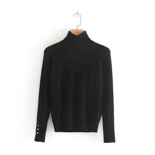 Sweaters de mujeres Botones de oro simples de invierno Tiran de femme Elegante Turtleneck Compéteres