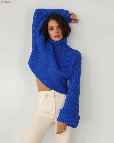 Pulls pour femmes Femmes Y2K Pull bleu Pull en tricot côtelé Long Sle Turtleneck Loose Crop Top pour Casual Streetwear Warm ClothingsL231113