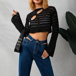 Dames Truien Dames Y2K Gebreide Hollow Out Crop Tops Lange mouw Ronde Hals Effen Kleur Losse T-shirts 2023 Herfst Casual Cover-UP