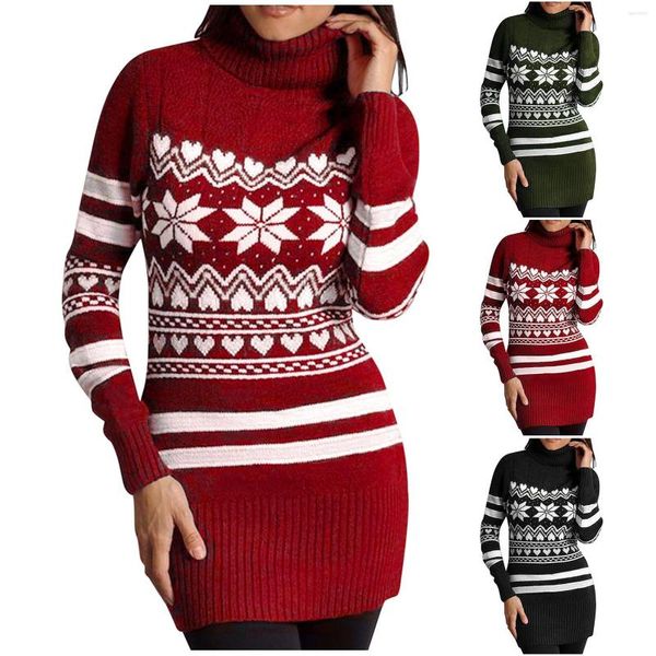 Suéteres de mujer para mujer Navidad elegante cuello alto abrigo suéter vestido copo de nieve estampado manga larga tejido Midi chaleco mujer