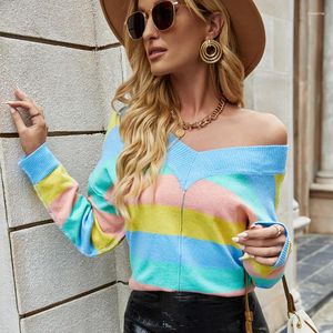 Pulls pour femmes Femmes Contraste Stripe Pull Printemps Été Dames Sexy Grand Col V Manches Longues Tricot Chemises Pull Tops Jumpers