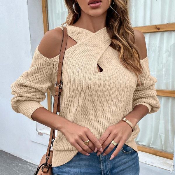 Pulls pour femmes Femmes pour le travail Femmes Casual Solid Crochet Pull Cross Strap Col Pull Lâche À Manches Longues Épaule Froide Mousse Slip