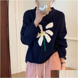 Panks pour femmes femmes Hsa Sweater tricot tricot bleu tops floraux Loose Lot Long Seck Plovers Corée Chic Cabine Automne Hiver Dhxaj