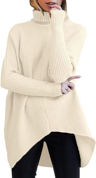 Suéteres de mujer suéter de gran tamaño con cuello alto para mujer 2023 manga larga de murciélago dobladillo asimétrico suéter de punto informal suéter tipo túnica