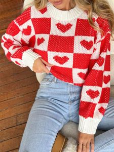 Damessweaters Dames Valentijnsdag Geruite hartprint Trui met lange mouwen Ronde hals Gebreide tops Herfst-winterkleding