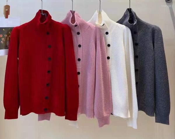Suéteres de mujer de lana 2023 Otoño Invierno pulóveres señoras cuello alto botón Deco manga larga Casual blanco rosa rojo gris jerséis