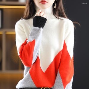 Damestruien Wollen trui Kasjmier Pullover met hoge hals Koreaanse mode Losvallend kleurcontrast ondervachtjack
