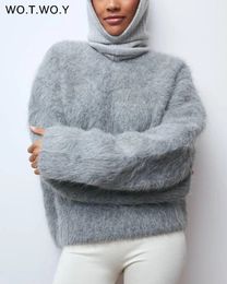 Suéteres femininos wtwoy casual sólido opescoço pulôver imitação de vison manga longa outono inverno feminino branco jumpers malha tops 2023 231114